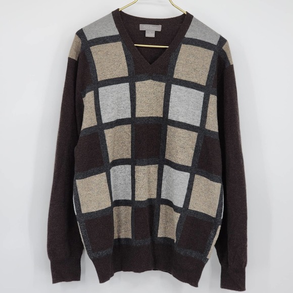 Daniel Cremieux Brown Windowpane Square Cashmere Sweater Men's Size Large - Picture 1 of 4